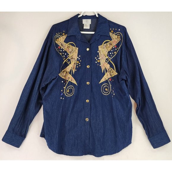 Info USA Jean Shirt Womens Large Blue Denim 90s Bejeweled Embroidered Button Up - Picture 1 of 10